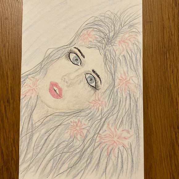 Unframed Original Art Pencil Crayon & Ink Drawing Whimsical Portrait of Woman - Picture 3 of 3